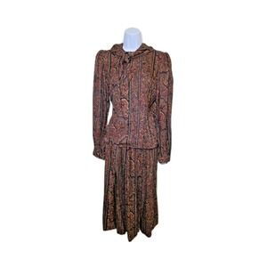 Vtg O By Oscar‎ De La Renta 100% Silk Paisley Tie Neck Dress Skirt Blouse Set